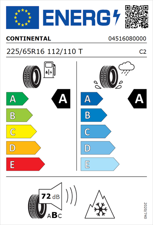 Tyre Label for Continental VanContact Eco 225/65R16 112/110T
