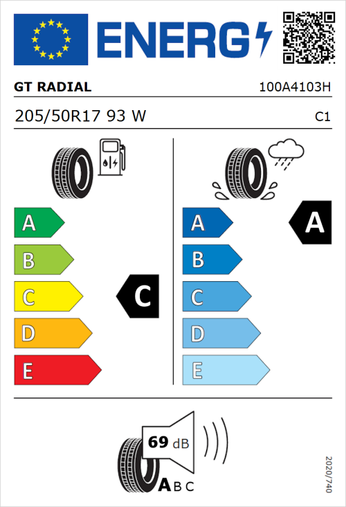 Tyre Label for GT Radial FE2 205/50R17 93W