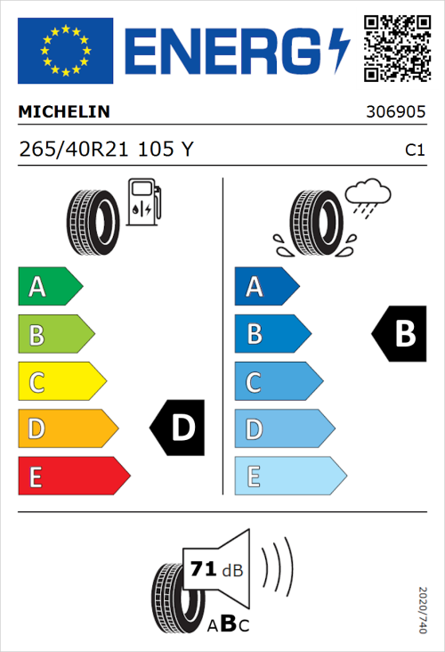 Tyre Label for Michelin Pilot Sport 4 S 265/40R21 105Y