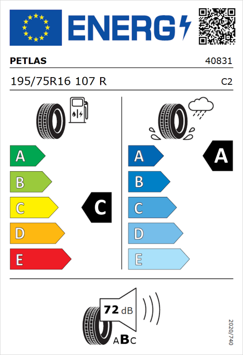 Tyre Label for Petlas Full Power PT825 195/75R16 107R