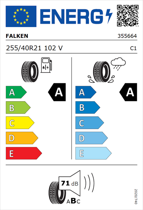 Tyre Label for Falken E.Ziex 255/40R21 102V