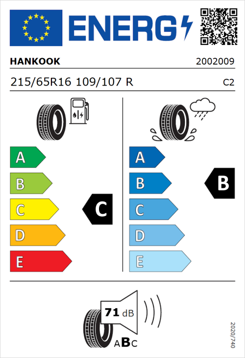 Tyre Label for Hankook Vantra LT RA18 215/65R16 109/107R